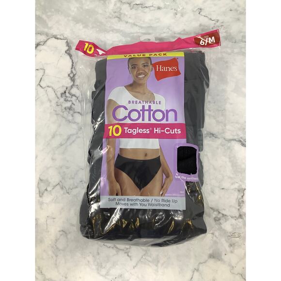 Hanes Womens 6/M Black 10-Pack Breathable Cotton Hi-Cut Panties Underwear I16-18 - Picture 2 of 7
